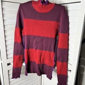 Koche' Collective Stretchy Ribbed Ruffle Trim Sweater Size Small NWOT Red & Plum
